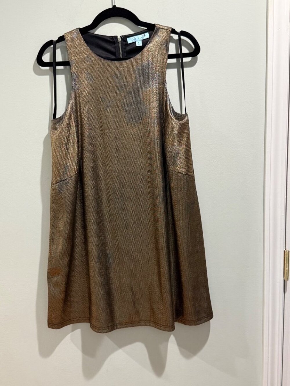 She + Sky Bronze Metallic Knit Sleeveless Swing Dress - Large Holiday NYE